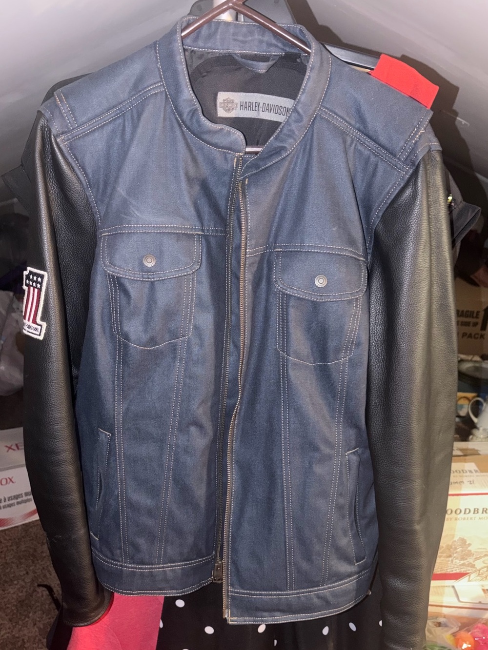 Harley-Davidson womens Black and Navy Contrast Leather Denim look Jacket XXL